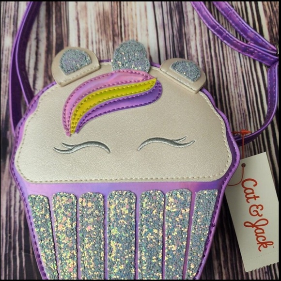 Cat & Jack Purple Unicorn colors Silver glitter Cupcake Crossbody Bag NEW NWT - Picture 1 of 7